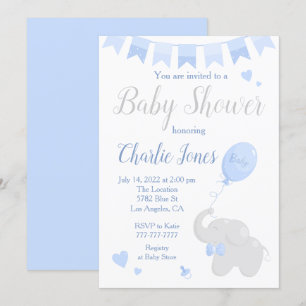 Cute Elephant with Balloon Baby shower Boy Kaart