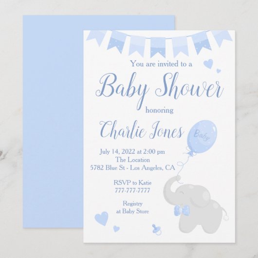 Cute Elephant with Balloon Baby shower Boy Kaart (Voorkant / Achterkant)