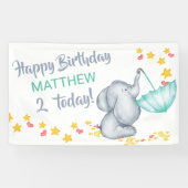 Cute Elephant with Umbrella Boys Birthday Party Spandoek (Horizontaal)