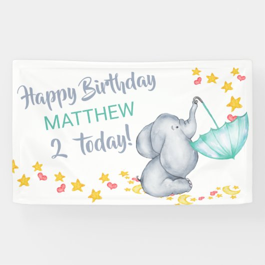 Cute Elephant with Umbrella Boys Birthday Party Spandoek (Horizontaal)