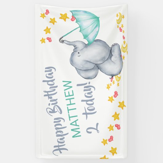 Cute Elephant with Umbrella Boys Birthday Party Spandoek (Verticaal)