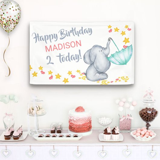 Cute Elephant with Umbrella Girls Birthday Party Spandoek