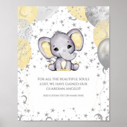 Cute Elephant Yellow Balloons Baby shower Memorial Poster (Voorkant)