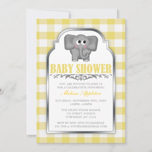 Cute Elephant Yellow Gingham Baby shower Kaart (Voorkant)