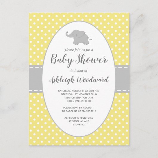 Cute Elephant Yellow Polka Dot Neutrale Baby showe Uitnodiging Briefkaart (Voorkant)