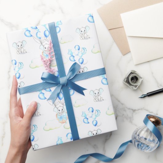 Cute Elephants-ballonnen & Clouds Baby Boy Pattern Cadeaupapier (Geschenken)
