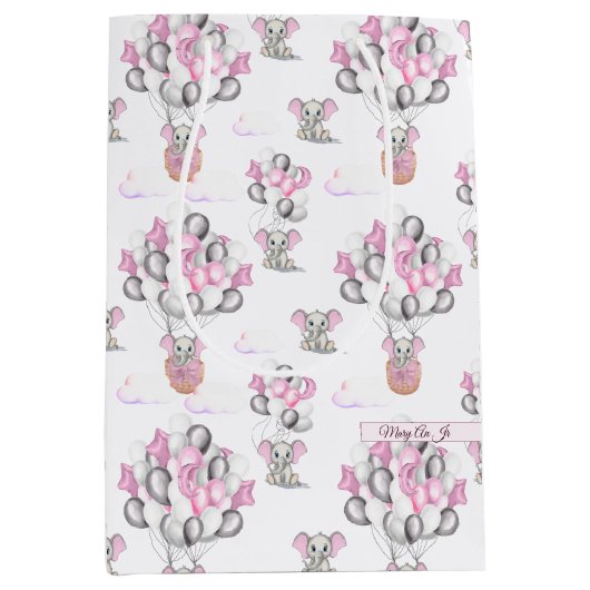 Cute Elephants-ballonnen en wolken babymeisje Medium Cadeauzakje (Voorkant)