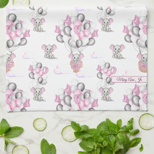 Cute Elephants-ballonnen en wolken babymeisje Theedoek (Gevouwen)