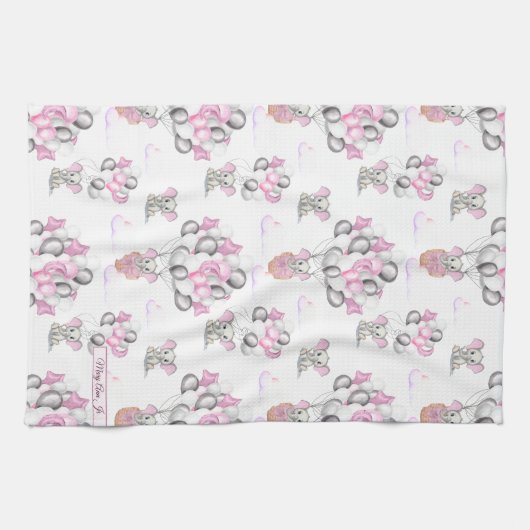 Cute Elephants-ballonnen en wolken babymeisje Theedoek (Horizontaal)