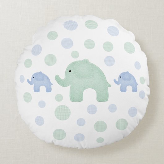 Cute Elephants Blue Green Polkadots Nursery Rond Kussen (Voorkant)