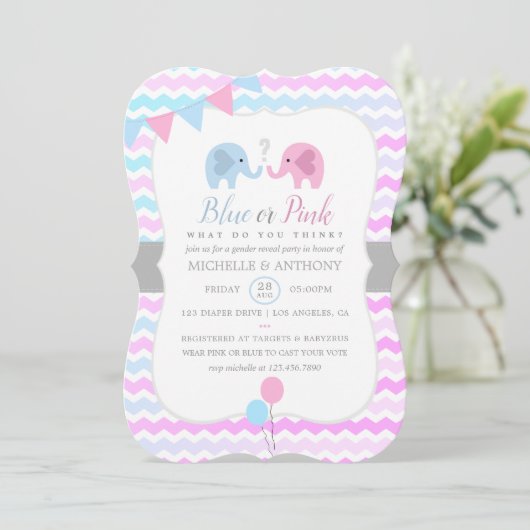 Cute Elephants Chevron Gender Reopenbaarle Party n Kaart (Staand voorkant)