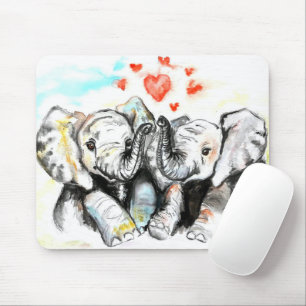 Cute Elephants Hug - Love - Waterverf Painting Muismat