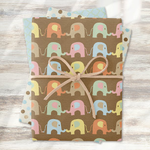 Cute Elephants Polka Dots Brown Blue Baby shower Inpakpapier Vel
