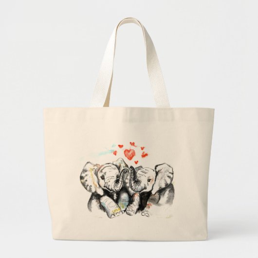 Cute Elephants Romantic Love - Waterverf Painting Grote Tote Bag (Voorkant)
