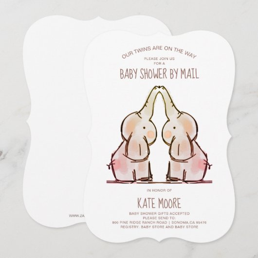 Cute Elephants Twins Baby shower by Mail Invitatio Kaart (Voorkant / Achterkant)
