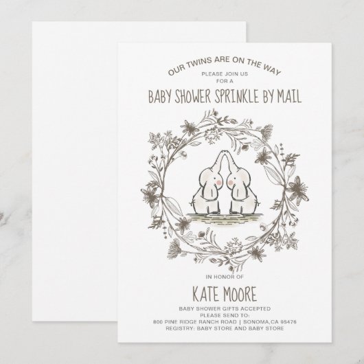 Cute Elephants Twins Baby shower Sprinkle by Mail Kaart (Voorkant / Achterkant)