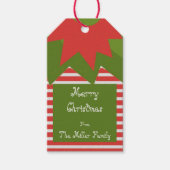 Cute Elf Costume Red Green Family Name Kerstmis Cadeaulabel (Voorkant)