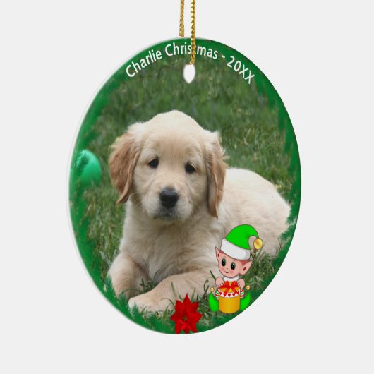 Cute Elf & Custom Golden Retriever Puppy Photo Keramisch Ornament (Rechts)