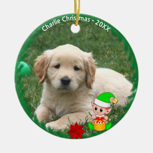 Cute Elf & Custom Golden Retriever Puppy Photo Keramisch Ornament (Voorkant)