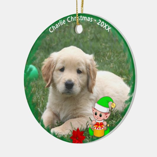 Cute Elf & Custom Golden Retriever Puppy Photo Keramisch Ornament (Links)
