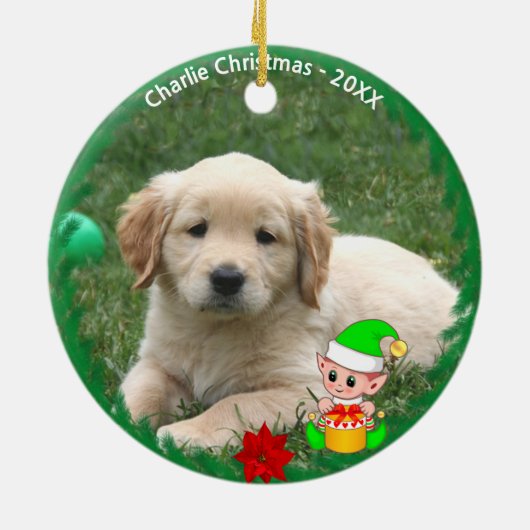 Cute Elf & Custom Golden Retriever Puppy Photo Keramisch Ornament (Achterkant)
