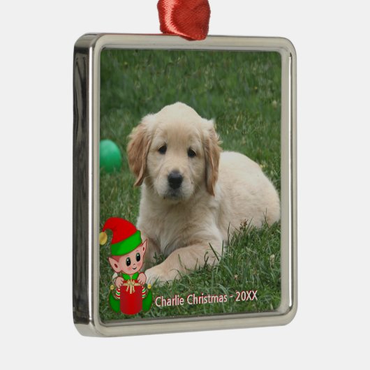 Cute Elf & Custom Golden Retriever Puppy Photo Metalen Ornament (Rechts)