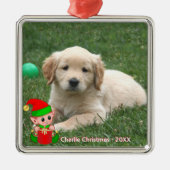 Cute Elf & Custom Golden Retriever Puppy Photo Metalen Ornament (Voorkant)