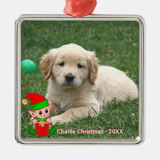 Cute Elf & Custom Golden Retriever Puppy Photo Metalen Ornament (Voorkant)