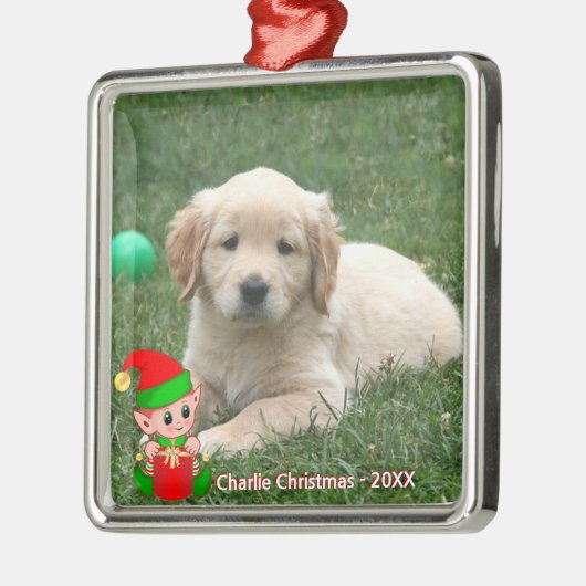 Cute Elf & Custom Golden Retriever Puppy Photo Metalen Ornament (Links)