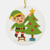 Cute Elf Decorating Tree Personalized Family Name Keramisch Ornament (Voorkant)