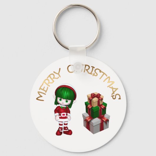 Cute Elf en Gifts Merry Kerstmis Sleutelhanger (Voorkant)