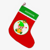 Cute Elf- en kerstcellen op rood Grote Kerstsok (Voorkant (Hangend))