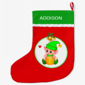 Cute Elf- en kerstcellen op rood Grote Kerstsok (Achterkant)