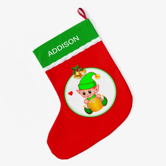 Cute Elf- en kerstcellen op rood Grote Kerstsok (Achterkant (Hangend))