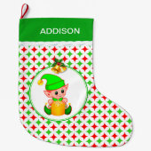Cute Elf & Green & Red Diamond Star Pattern Grote Kerstsok (Voorkant)
