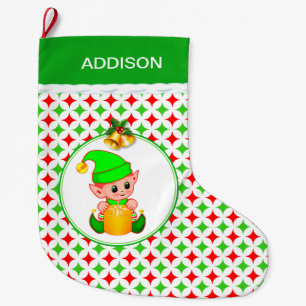 Cute Elf & Green & Red Diamond Star Pattern Grote Kerstsok