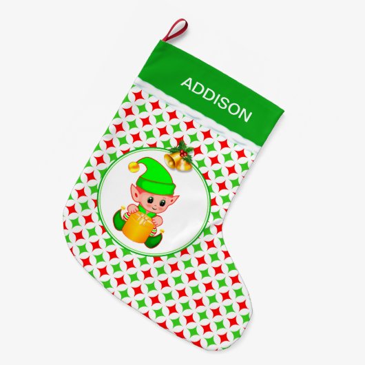 Cute Elf & Green & Red Diamond Star Pattern Grote Kerstsok (Voorkant (Hangend))