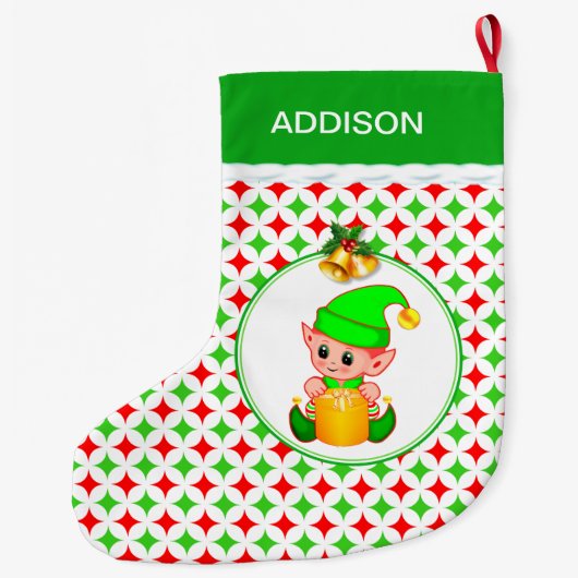 Cute Elf & Green & Red Diamond Star Pattern Grote Kerstsok (Achterkant)