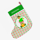 Cute Elf & Green & Red Diamond Star Pattern Grote Kerstsok (Achterkant (Hangend))