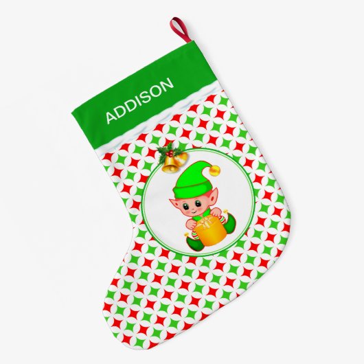Cute Elf & Green & Red Diamond Star Pattern Grote Kerstsok (Achterkant (Hangend))