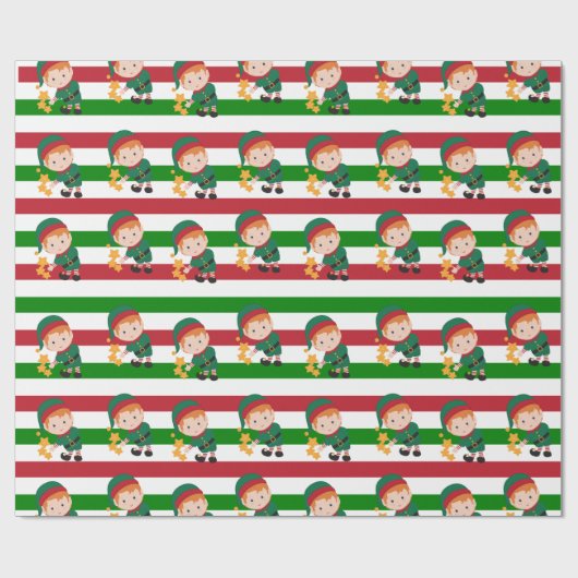 Cute Elf-kerstrode en groene strepen Cadeaupapier (Vlak)