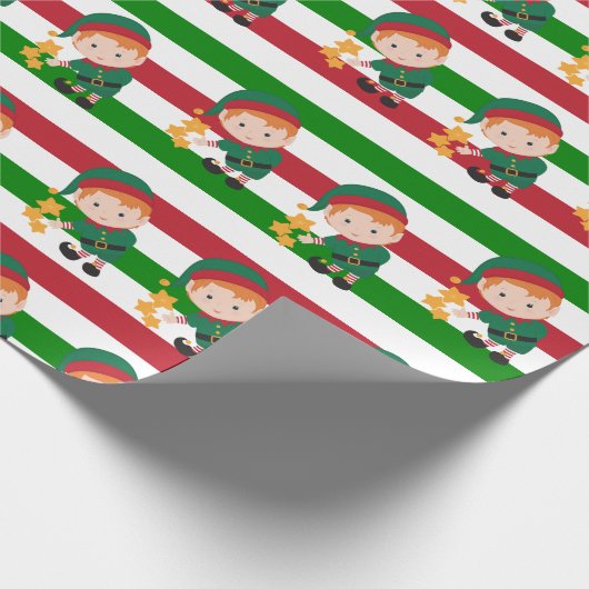 Cute Elf-kerstrode en groene strepen Cadeaupapier (Hoek)