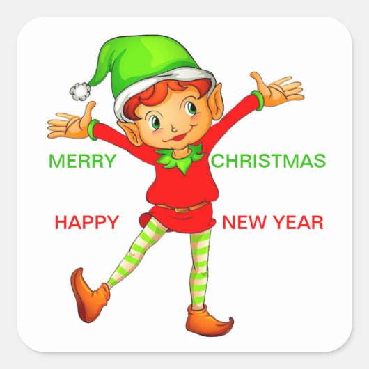Cute Elf Merry Kerstmis en Happy Nieuwjaarskleurig Vierkante Sticker (Voorkant)