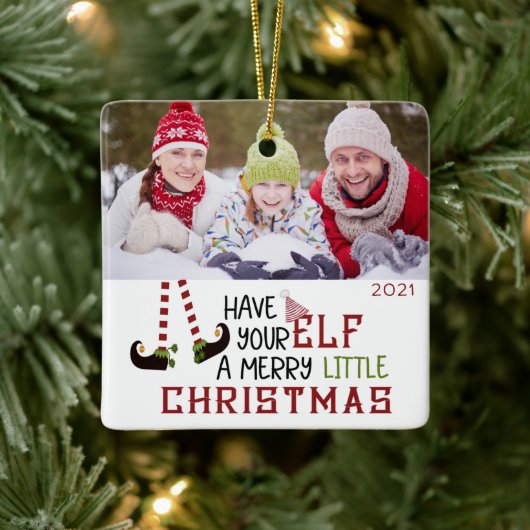 Cute Elf MERRY LITTLE CHRISTMAS 2 Foto Keramisch Ornament (Boom)