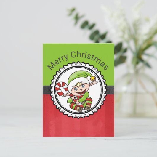 Cute Elf met kerstriet Kerst Feestdagenkaart (Staand voorkant)