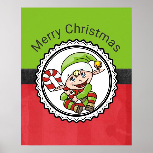 Cute Elf met kerstriet Kerst Poster (Voorkant)