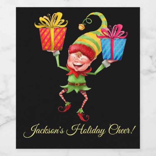 Cute Elf met Pakketten Aangepaste Kerstmis Wijn Etiket (Enkel label)