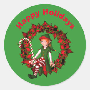 Cute Elf op Wreate Kerstfeestdag Ronde Sticker