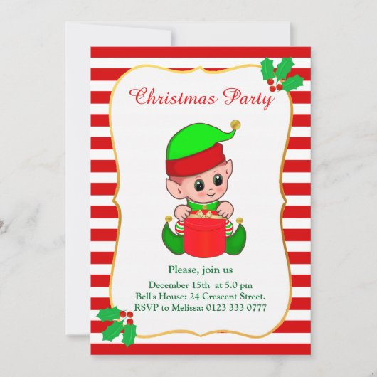 Cute Elf & Red White Kerstparty Uitnodiging (Voorkant)