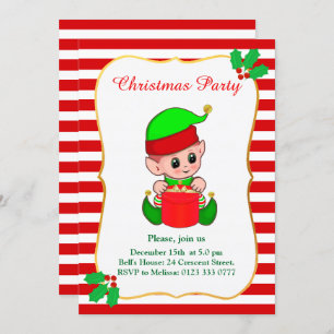 Cute Elf & Red White Kerstparty Uitnodiging
